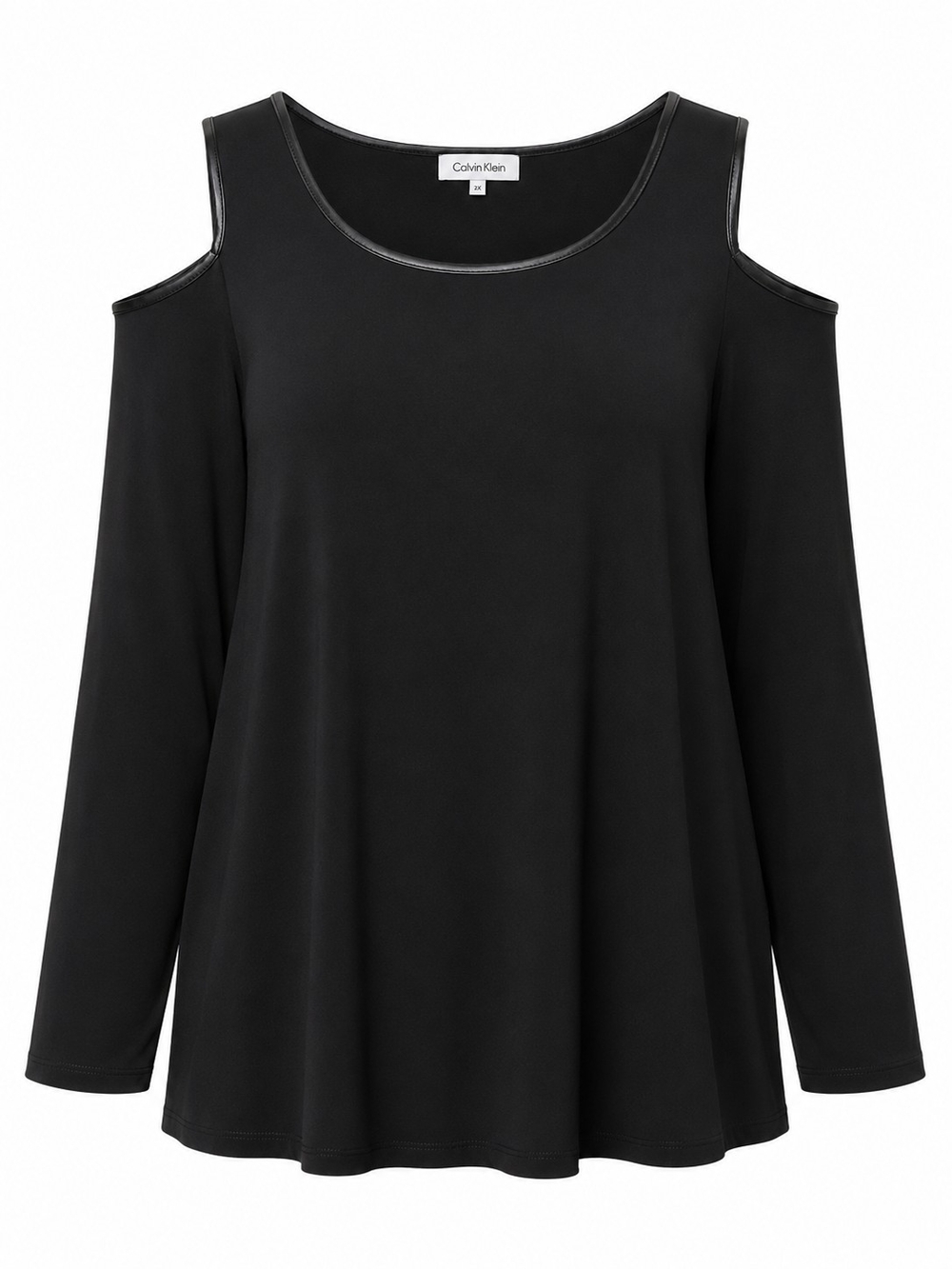 CALVIN KLEIN | Black Cold Shoulder Faux Leather Trim Blouse Top Plus| 2X